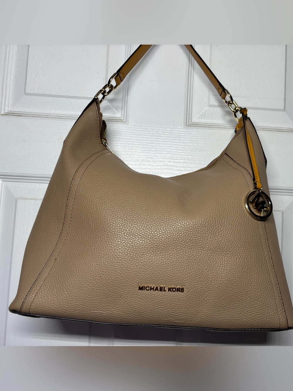 Michael Kors Taupe Pebbled Leather Shoulder Bag with Mustard Strap